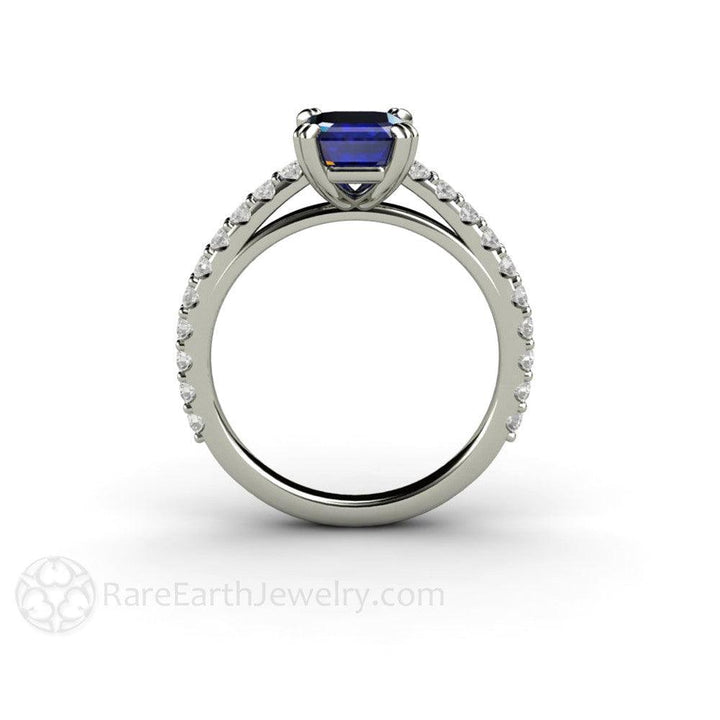 Blue Sapphire Engagement Ring Emerald Cut Solitaire Diamond Accented, Rare Earth Jewelry