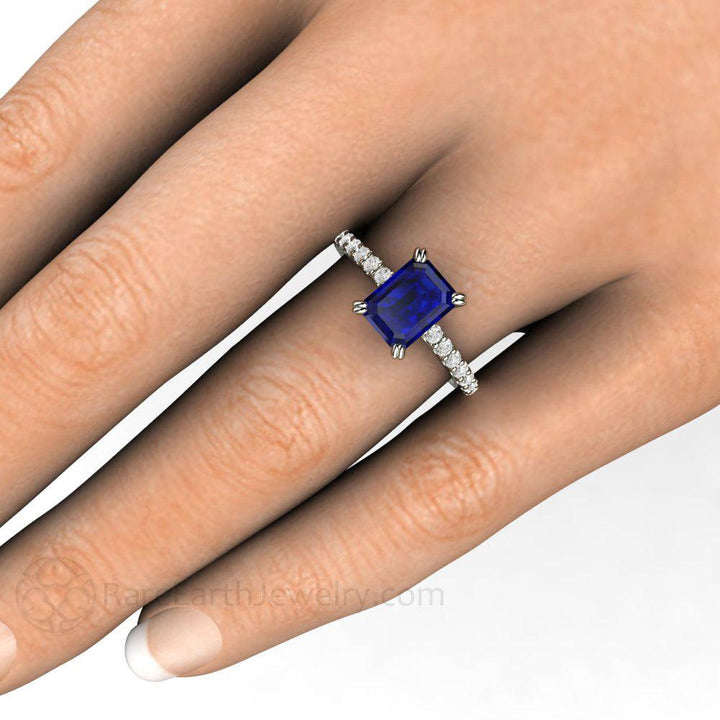 Blue Sapphire Engagement Ring Emerald Cut Solitaire Diamond Accented, Rare Earth Jewelry