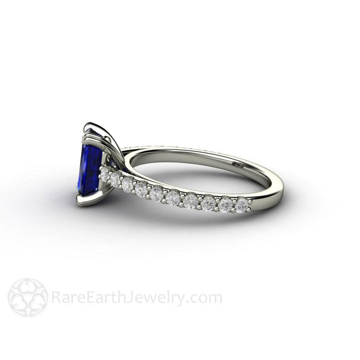 Blue Sapphire Engagement Ring Emerald Cut Solitaire Diamond Accented, Rare Earth Jewelry