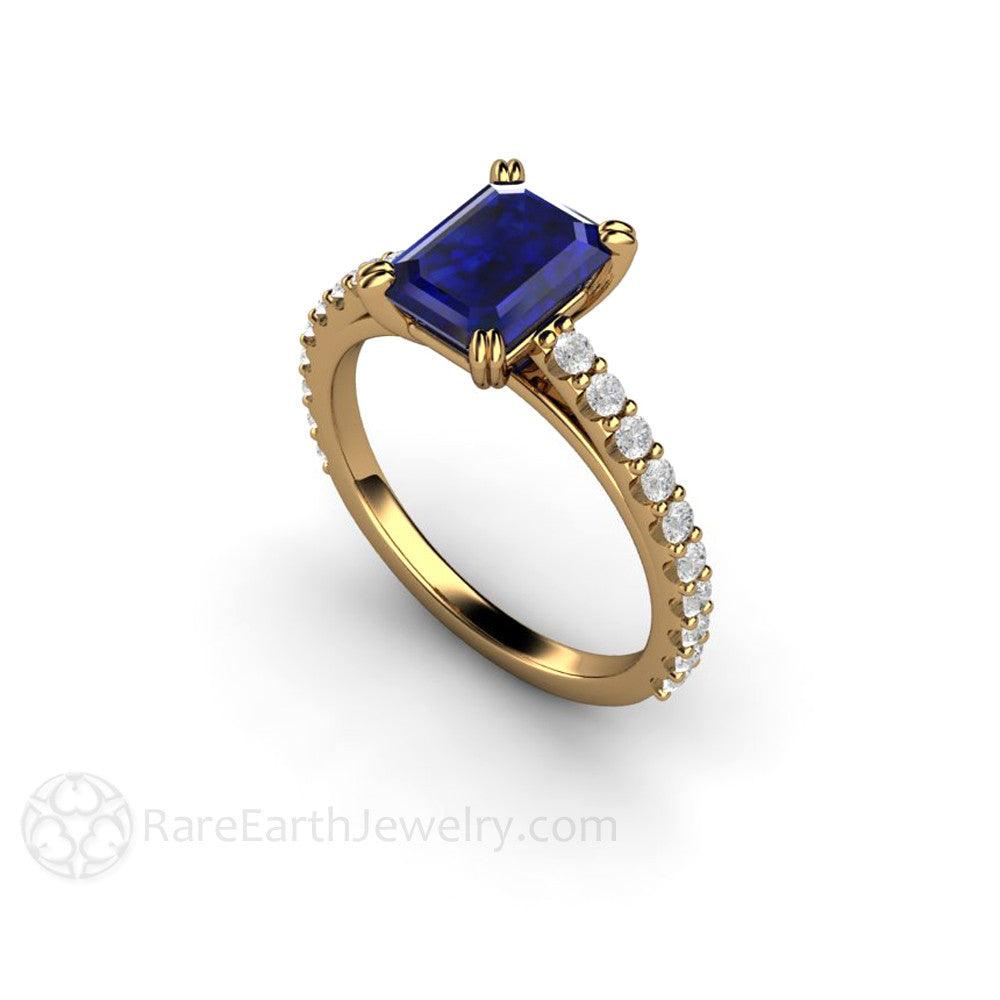 Blue Sapphire Engagement Ring Emerald Cut Solitaire Diamond Accented, Rare Earth Jewelry