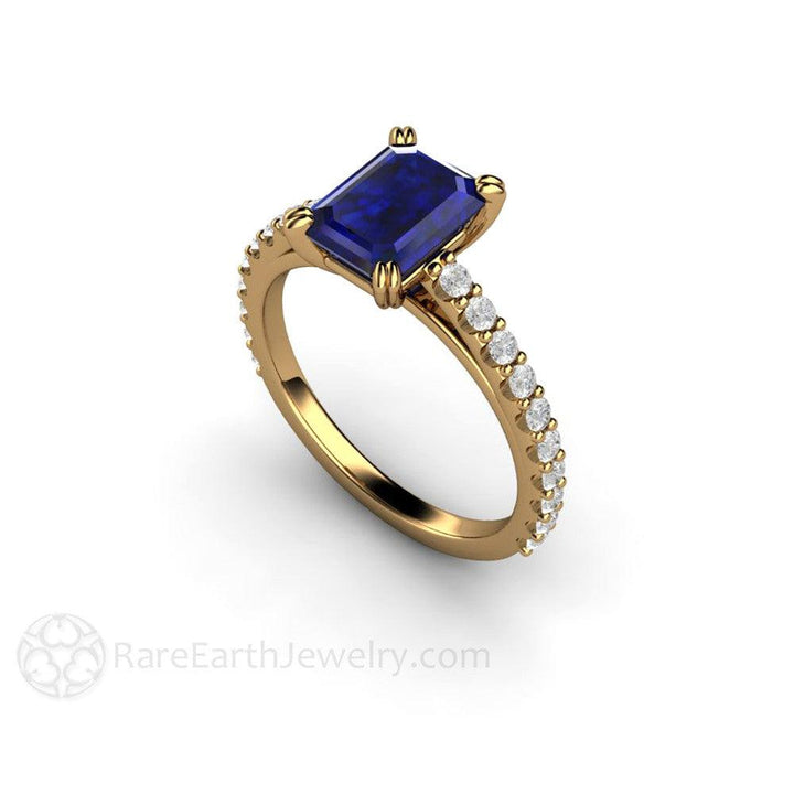 Blue Sapphire Engagement Ring Emerald Cut Solitaire Diamond Accented, Rare Earth Jewelry