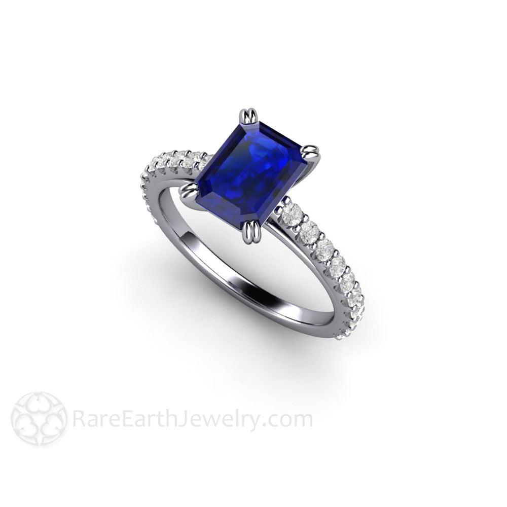 Blue Sapphire Engagement Ring Emerald Cut Solitaire Diamond Accented, Rare Earth Jewelry