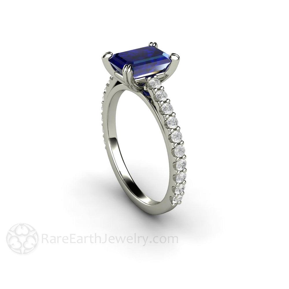 Blue Sapphire Engagement Ring Emerald Cut Solitaire Diamond Accented, Rare Earth Jewelry
