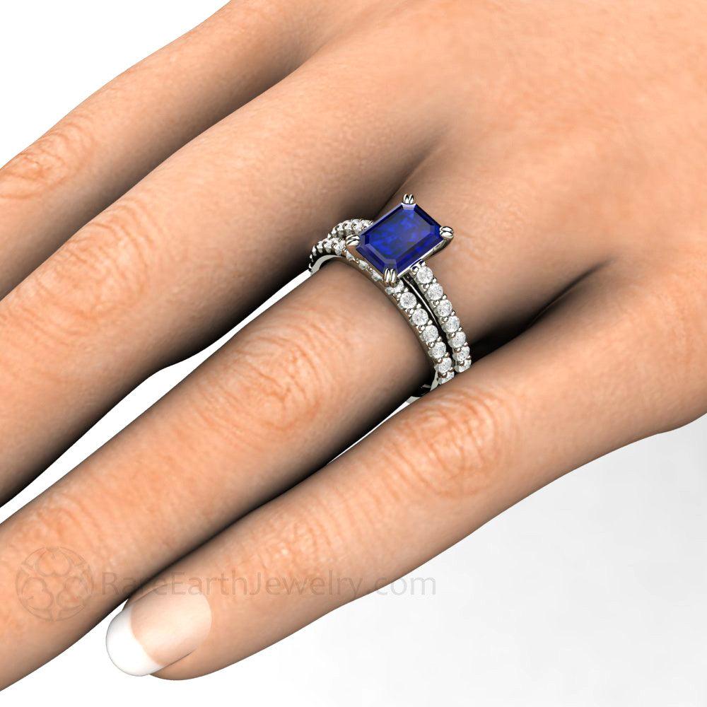 Blue Sapphire Engagement Ring Emerald Cut Solitaire Diamond Accented, Rare Earth Jewelry