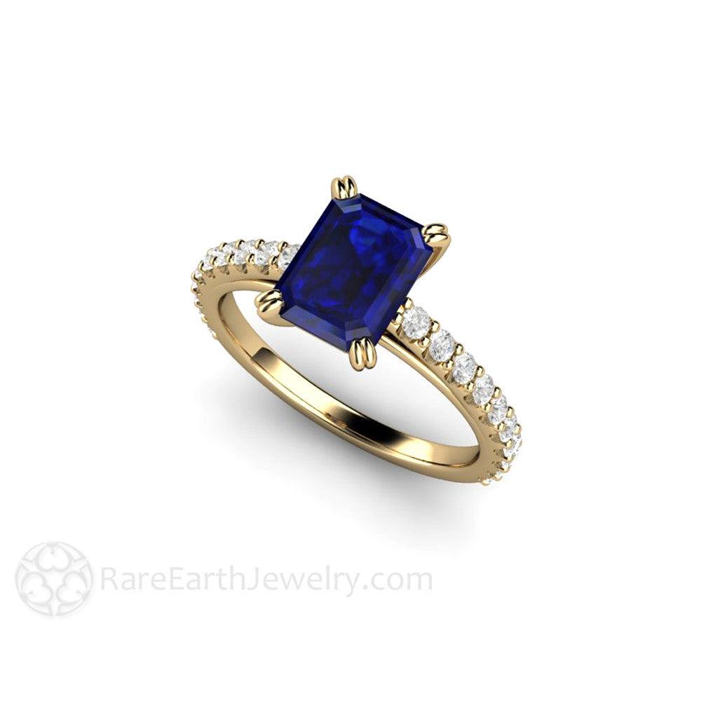 Blue Sapphire Engagement Ring Emerald Cut Solitaire Diamond Accented, Rare Earth Jewelry