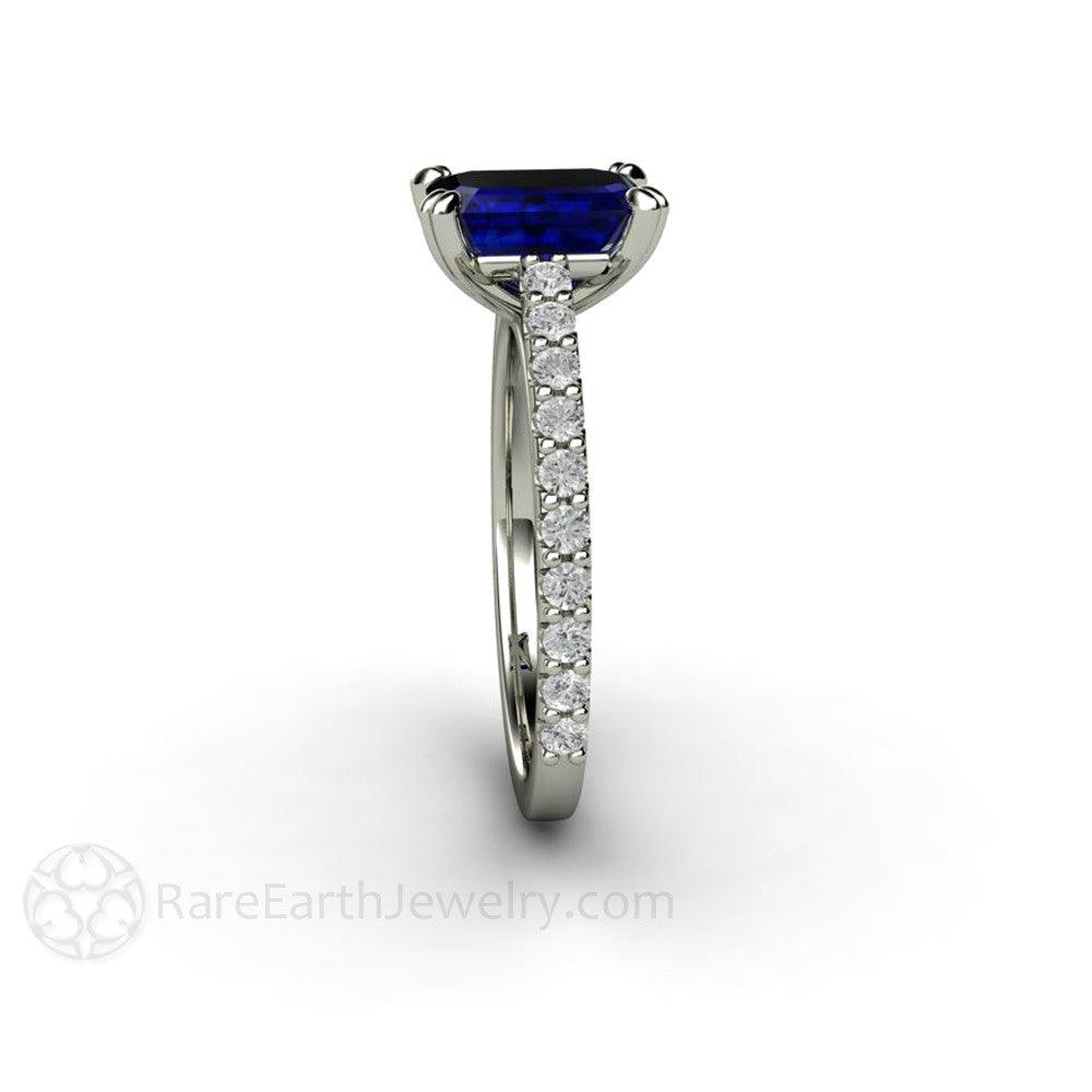 Blue Sapphire Engagement Ring Emerald Cut Solitaire Diamond Accented, Rare Earth Jewelry