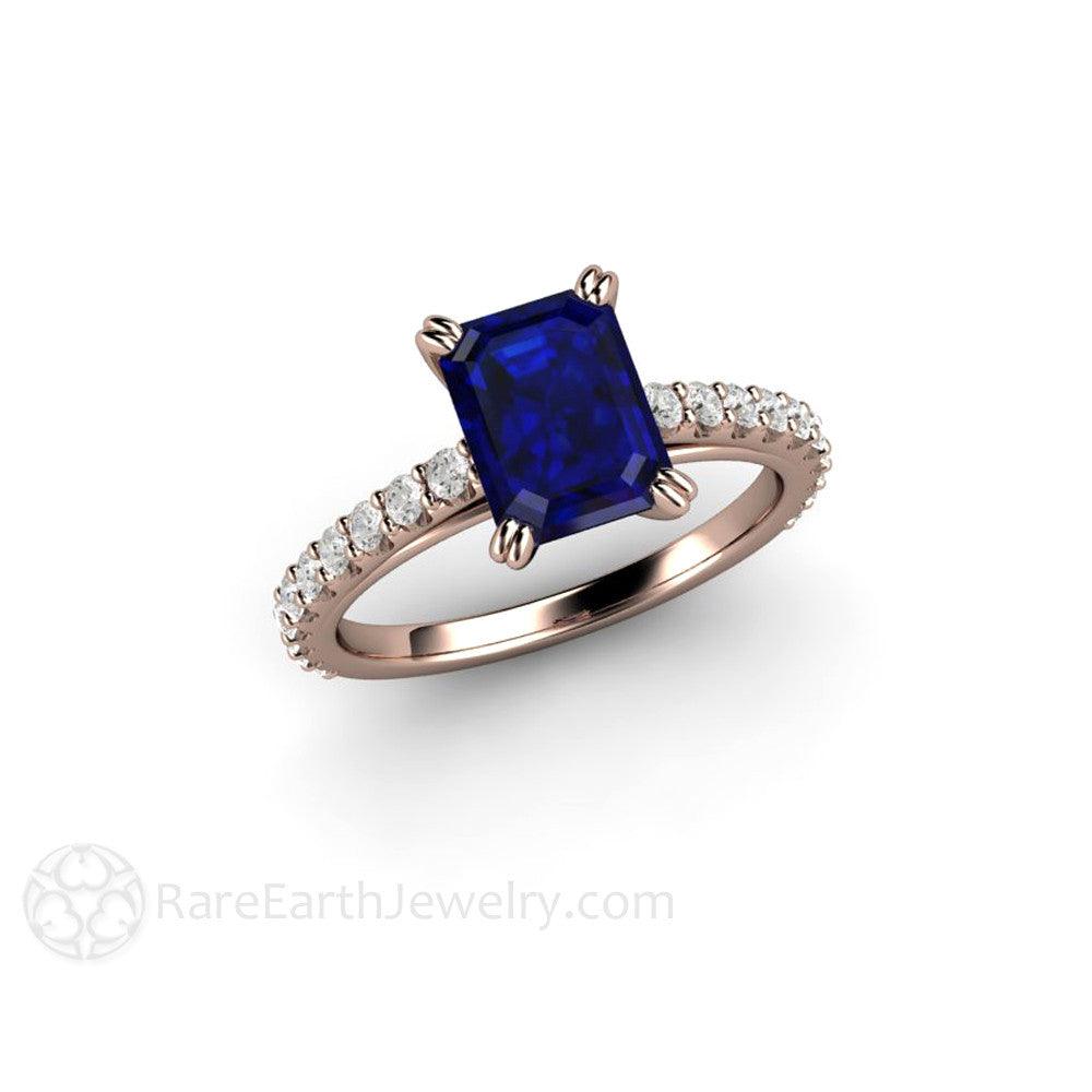 Blue Sapphire Engagement Ring Emerald Cut Solitaire Diamond Accented, Rare Earth Jewelry