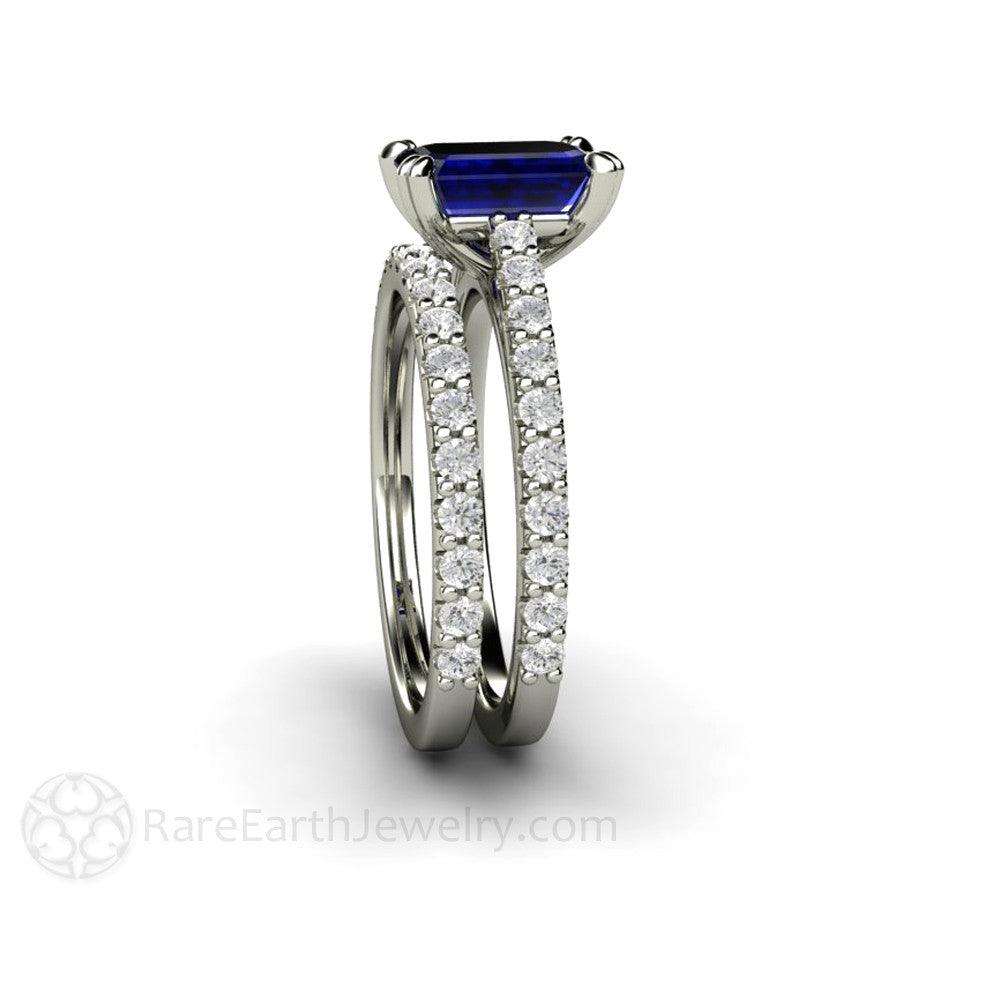 Blue Sapphire Engagement Ring Emerald Cut Solitaire Diamond Accented, Rare Earth Jewelry