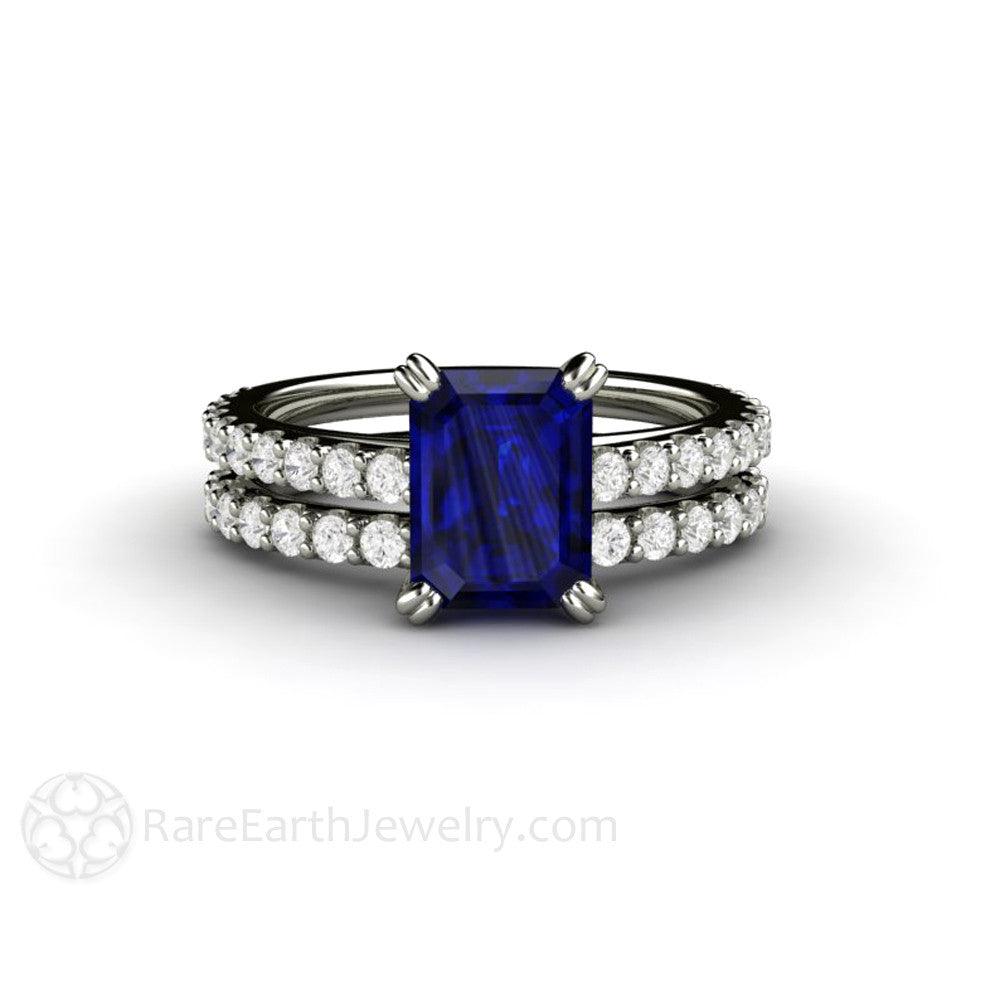 Blue Sapphire Engagement Ring Emerald Cut Solitaire Diamond Accented, Rare Earth Jewelry