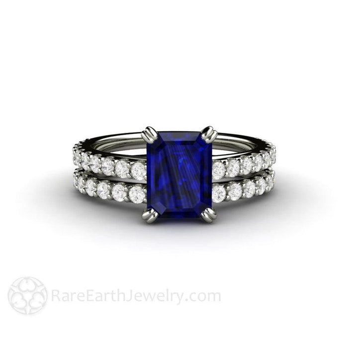 Blue Sapphire Engagement Ring Emerald Cut Solitaire Diamond Accented, Rare Earth Jewelry