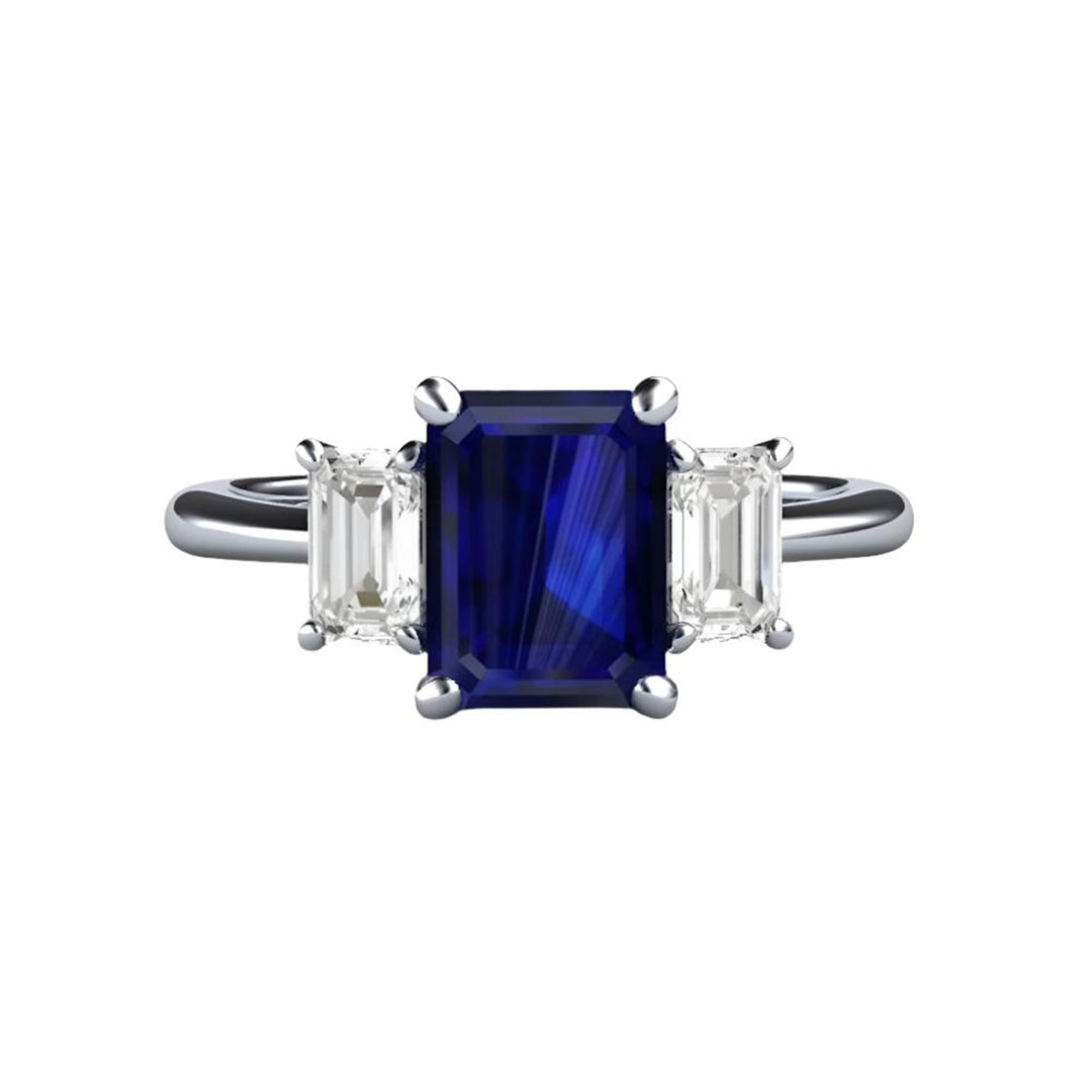 Three Stone Blue Sapphire Engagement Ring Emerald Cut Sapphire Ring with Diamond Accents | Rare Earth Jewelry