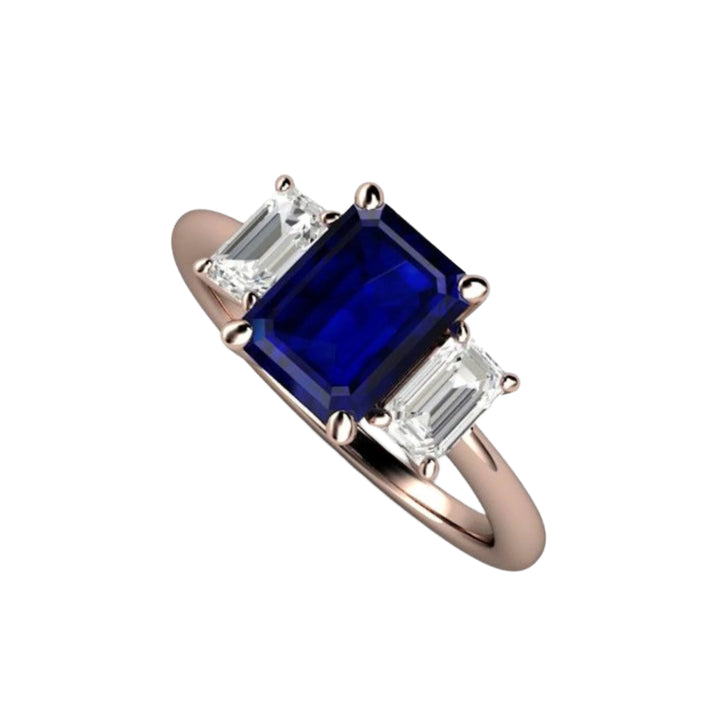 Rose Gold Blue Sapphire Engagement Ring, Emerald Cut Sapphire Ring with Lab Grown Diamond Side Stones | Rare Earth Jewelry