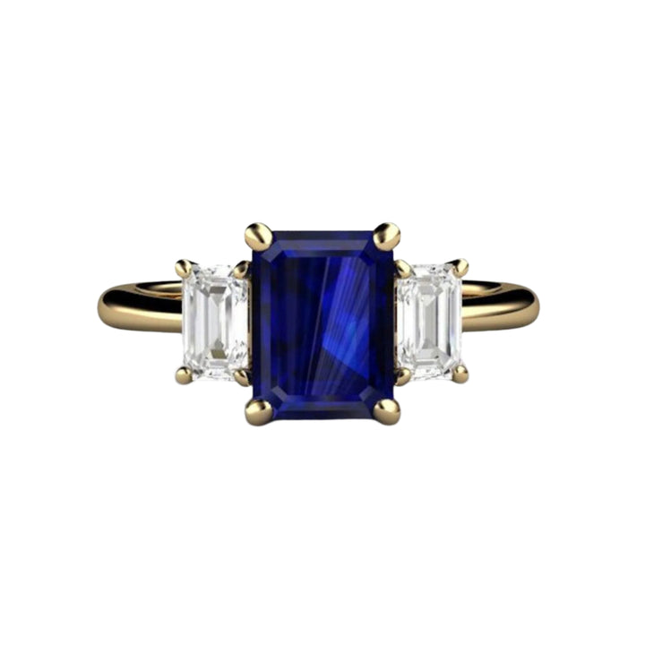 Emerald Cut Blue Sapphire Engagement Ring in Yellow Gold with Lab Grown Diamonds, September Birthstone Ring | Rare Earth Jewelry