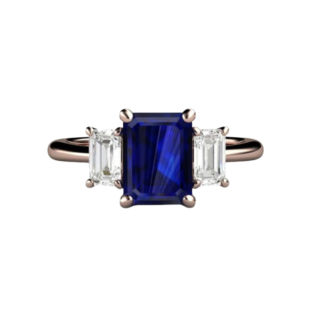 18K Rose Gold Blue Sapphire Engagement Ring, Trio Design, 3 Stone Style with Emerald Cut Stones | Rare Earth Jewelry