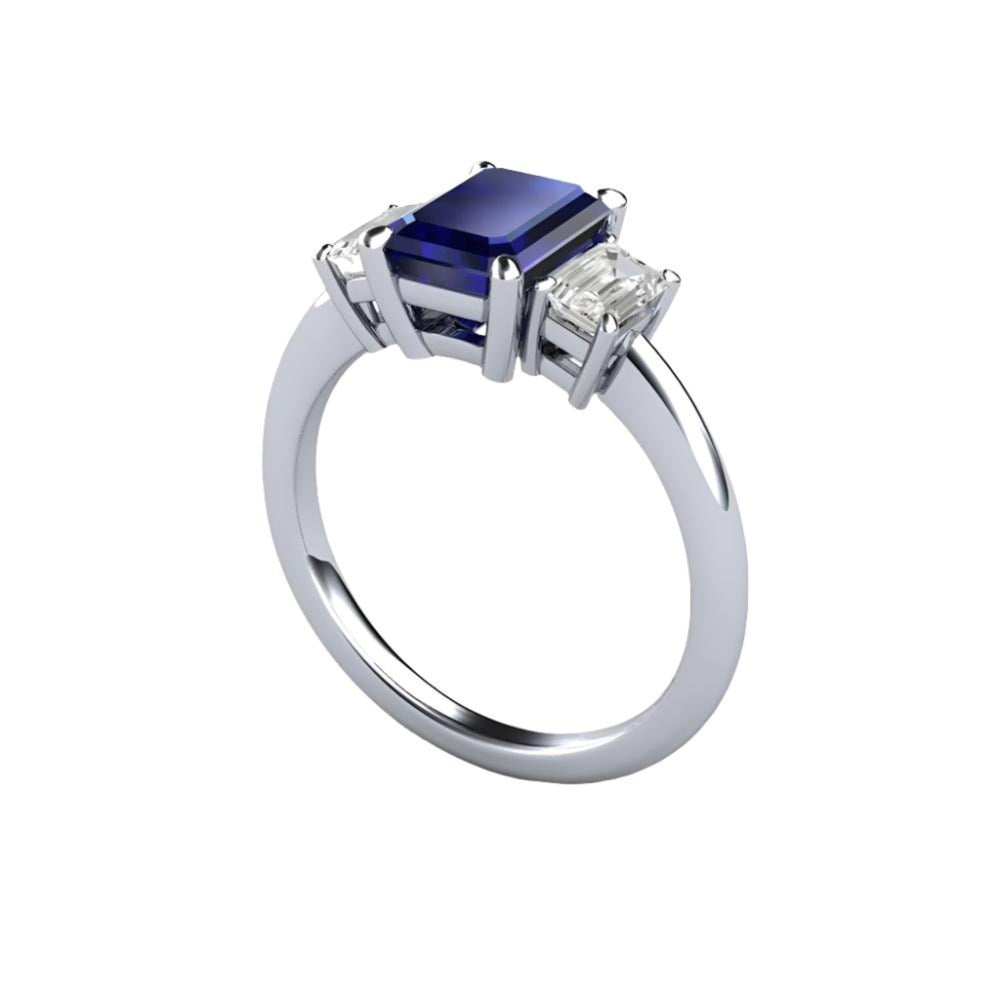 Emerald Cut Blue Sapphire Ring. 3 Stone Blue Sapphire and Diamond Ring, Classic Design, Eco-Friendly Engagement Rings | Rare Earth Jewelry