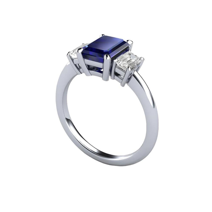 Emerald Cut Blue Sapphire Ring. 3 Stone Blue Sapphire and Diamond Ring, Classic Design, Eco-Friendly Engagement Rings | Rare Earth Jewelry