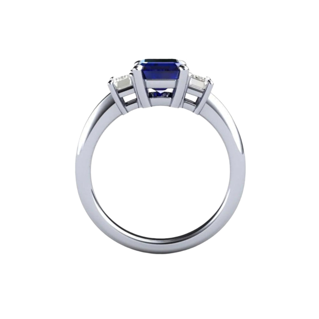 Blue Sapphire 3 Stone Engagement Ring, Profile View of Emerald Cut Sapphire and Diamond Ring | Rare Earth Jewelry