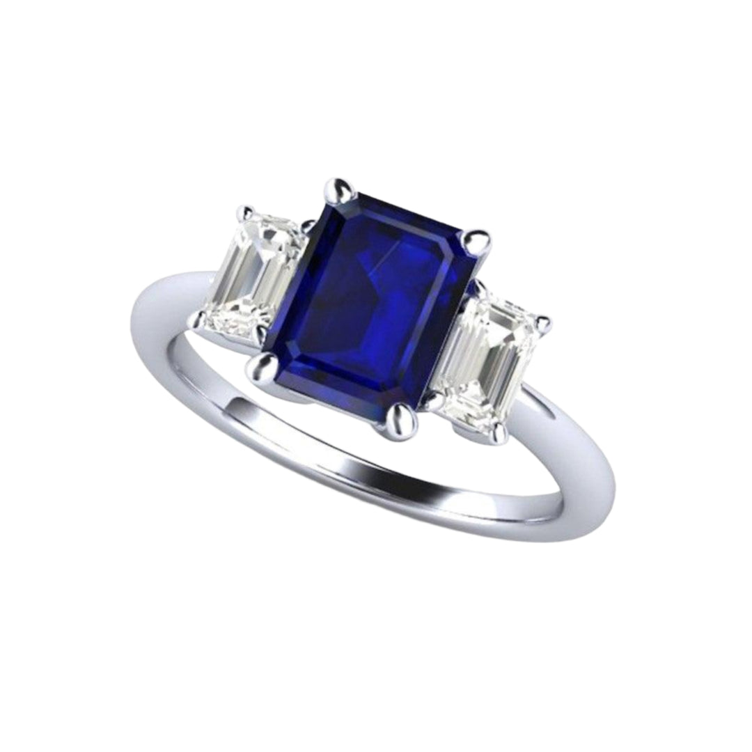 Blue Sapphire Emerald Cut Engagement Ring in White Gold, Sapphire 3 Stone Ring with Diamonds | Rare Earth Jewelry