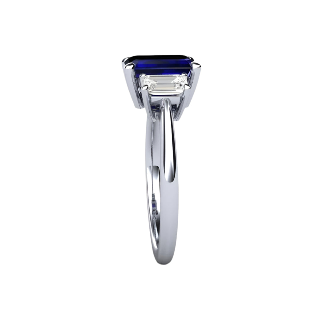 Side View of the Emerald Cut Blue Sapphire Engagement Ring, Three Stone Stye with Diamond Accents | Rare Earth Jewelry