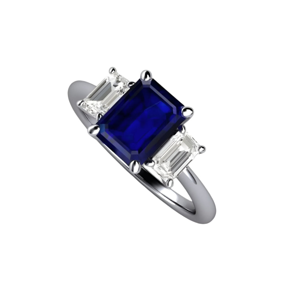 3 Stone Blue Sapphire Engagement Ring in Platinum,  Emerald Cut Sapphire Ring with Diamonds | Rare Earth Jewelry