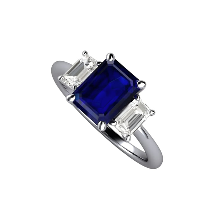 3 Stone Blue Sapphire Engagement Ring in Platinum,  Emerald Cut Sapphire Ring with Diamonds | Rare Earth Jewelry