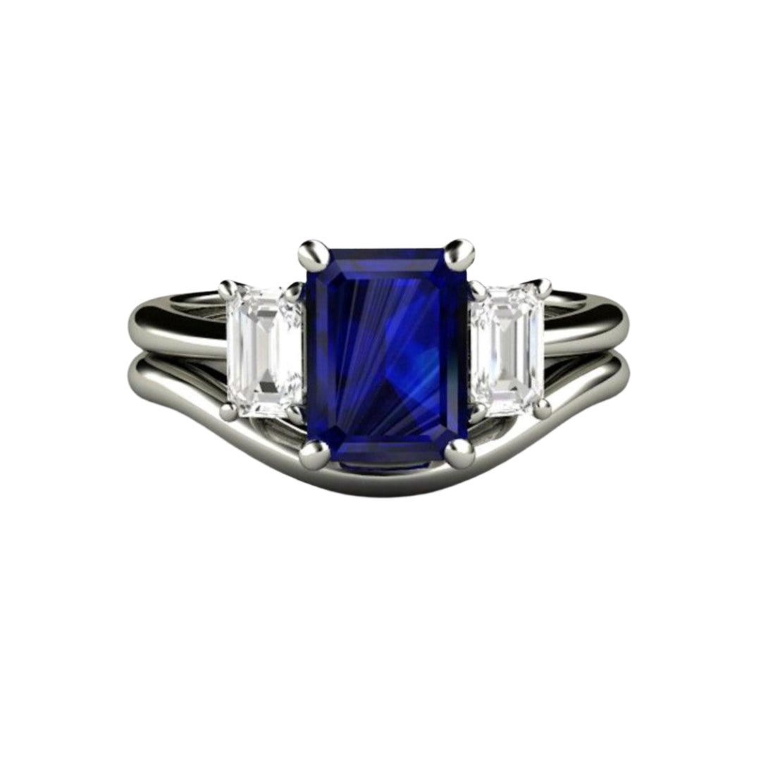 Three Stone Blue Sapphire Engagement Ring shown with Matching Wedding Band,  Emerald Cut Blue Sapphire Bridal Set | Rare Earth Jewelry