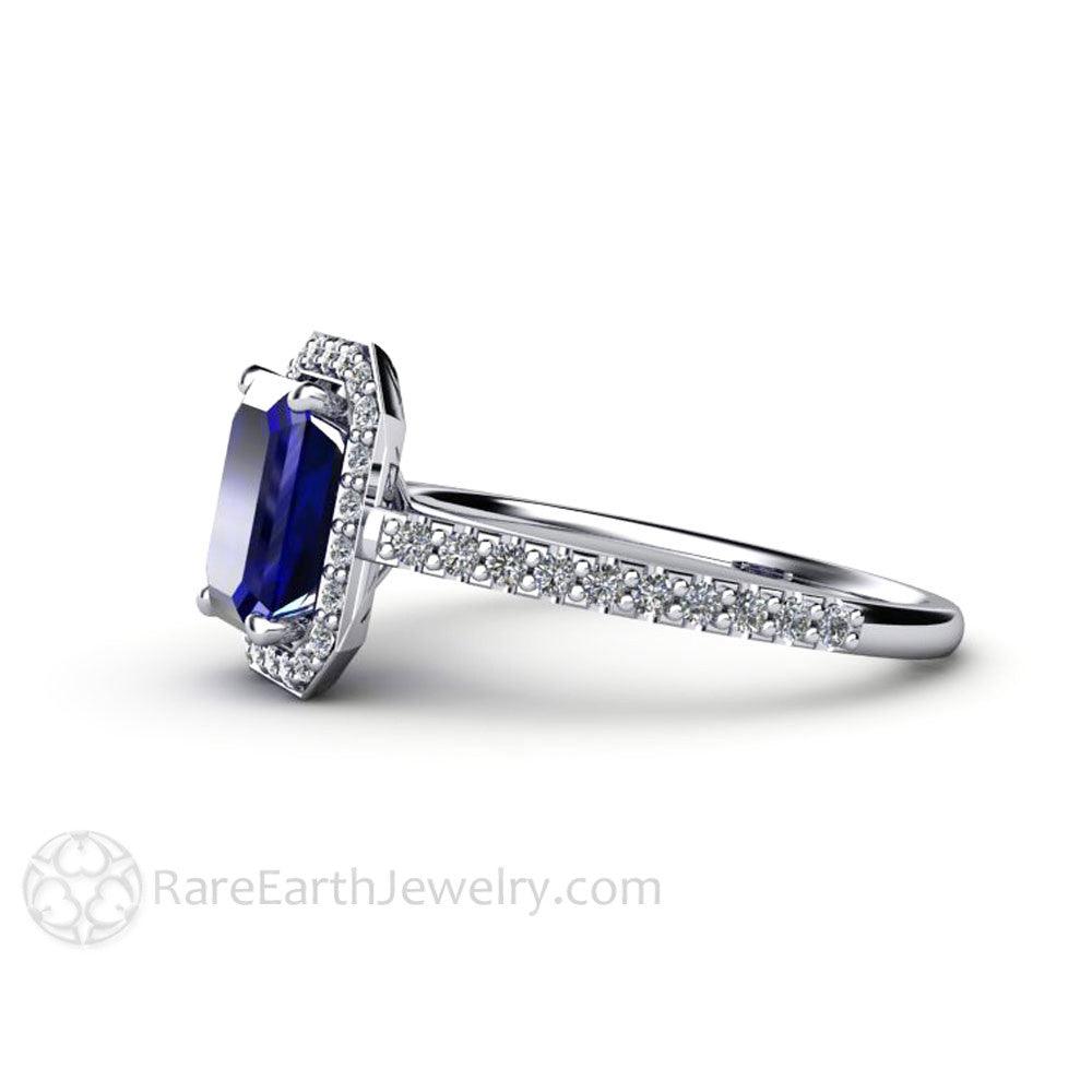 Emerald Cut Blue Sapphire Engagement Ring | Diamond Halo in Gold or Platinum, Rare Earth Jewelry