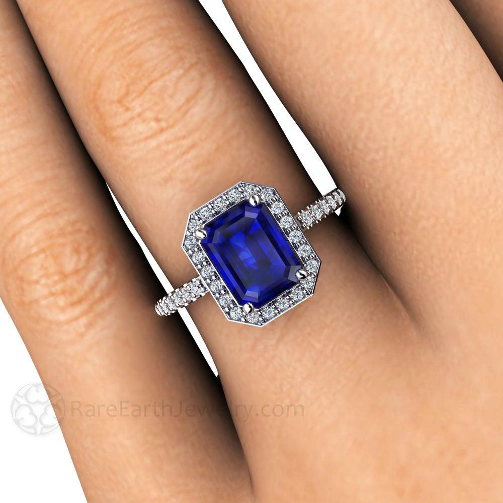 Emerald Cut Blue Sapphire Engagement Ring | Diamond Halo in Gold or Platinum, Rare Earth Jewelry