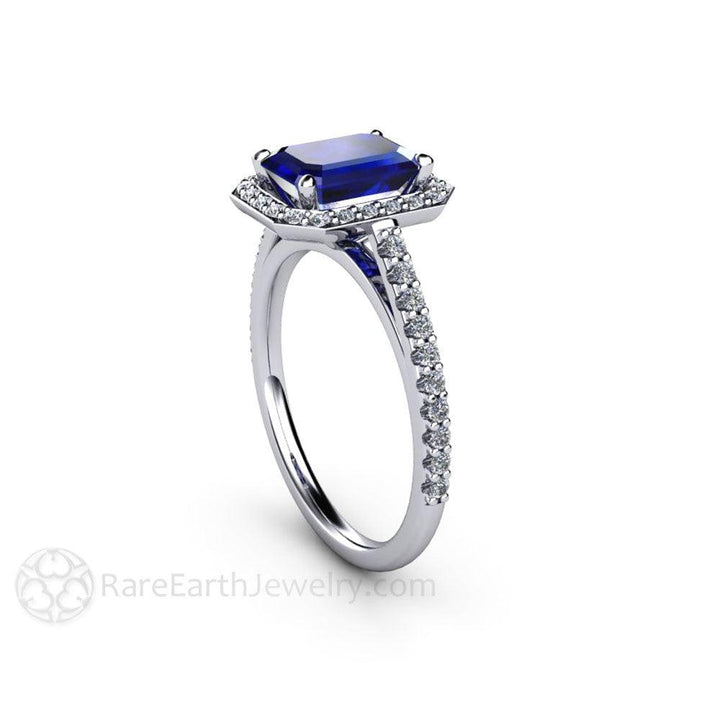 Emerald Cut Blue Sapphire Engagement Ring | Diamond Halo in Gold or Platinum, Rare Earth Jewelry