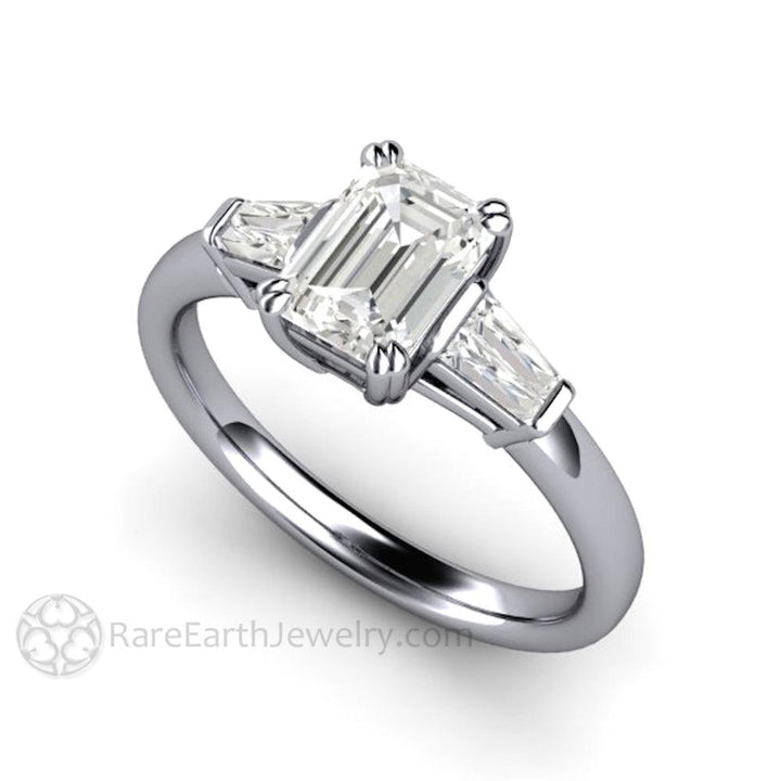 Emerald Cut Diamond Engagement Ring with Tapered Baguette Side Stones, Rare Earth Jewelry
