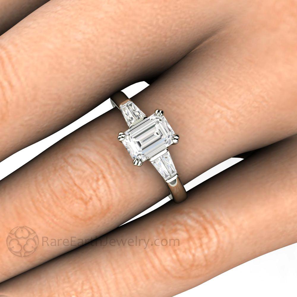 Emerald Cut Diamond Engagement Ring with Tapered Baguette Side Stones, Rare Earth Jewelry