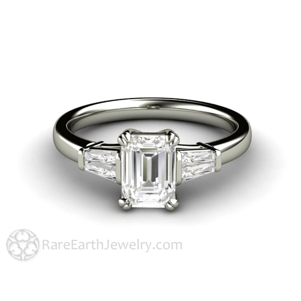 Emerald Cut Diamond Engagement Ring with Tapered Baguette Side Stones, Rare Earth Jewelry