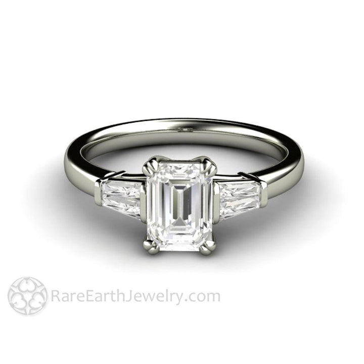 Emerald Cut Diamond Engagement Ring with Tapered Baguette Side Stones, Rare Earth Jewelry