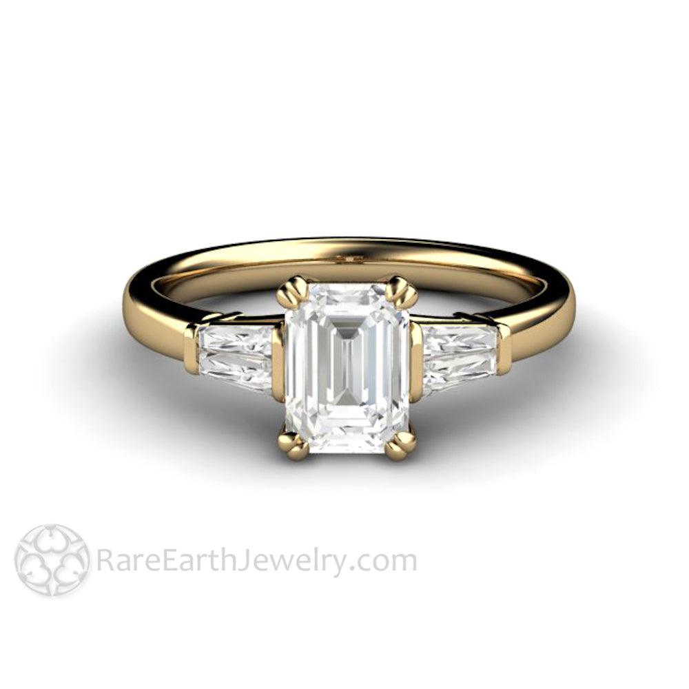 Emerald Cut Diamond Engagement Ring with Tapered Baguette Side Stones, Rare Earth Jewelry