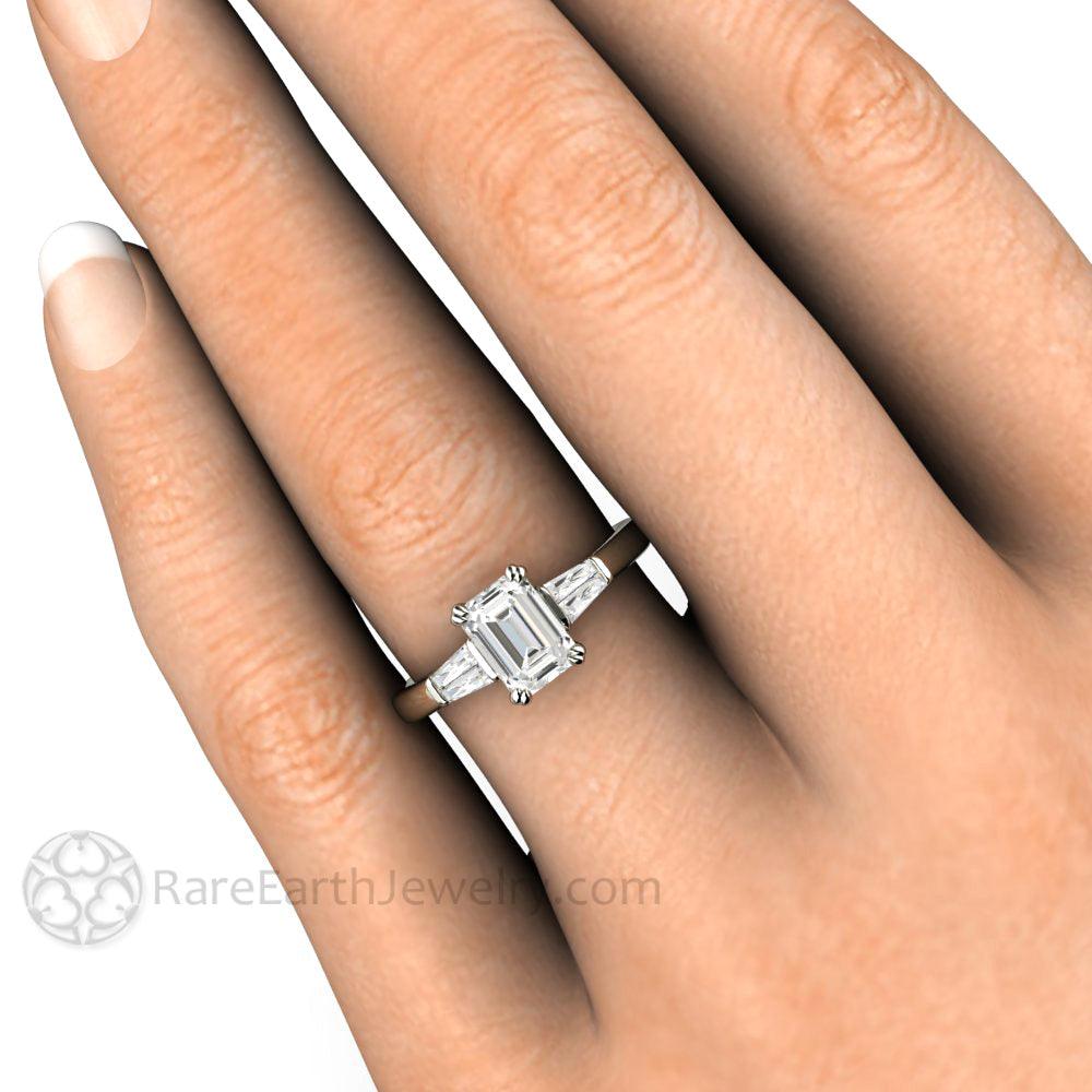 Emerald Cut Diamond Engagement Ring with Tapered Baguette Side Stones, Rare Earth Jewelry
