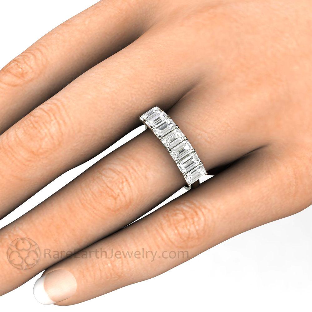 Emerald Cut Moissanite Anniversary Band or Wedding Ring Stackable, Rare Earth Jewelry