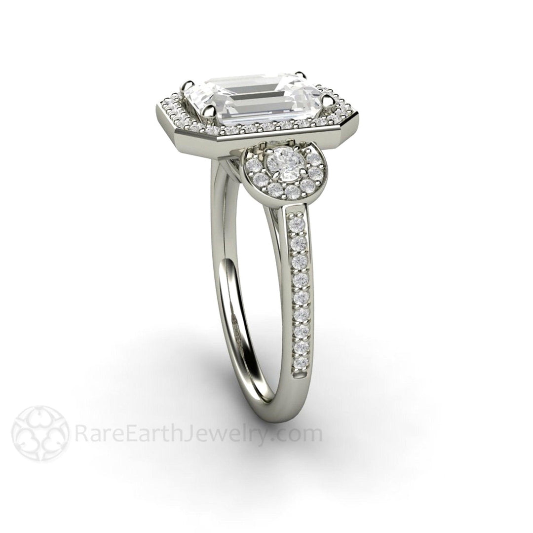 Emerald Cut Moissanite Engagement Ring | 3 Stone Diamond Halo, Rare Earth Jewelry