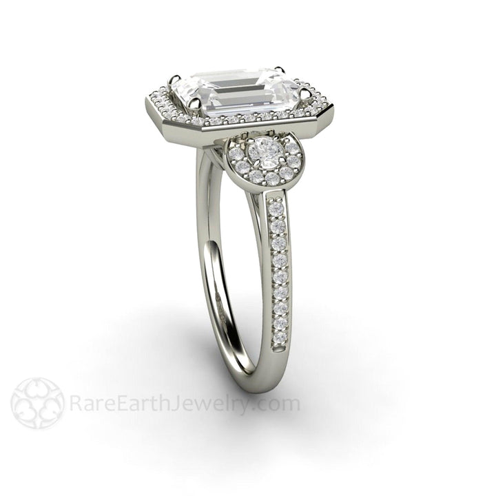 Emerald Cut Moissanite Engagement Ring | 3 Stone Diamond Halo, Rare Earth Jewelry