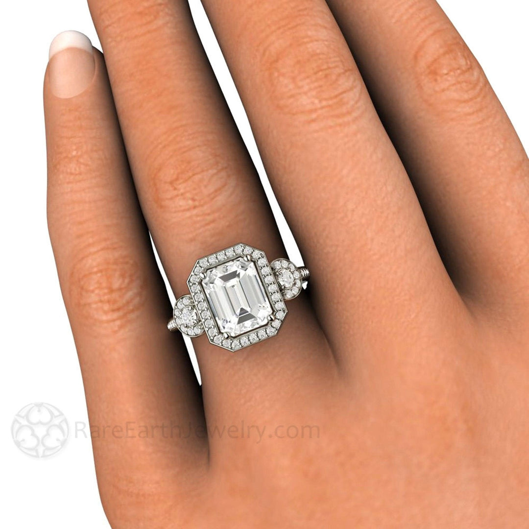 Emerald Cut Moissanite Engagement Ring | 3 Stone Diamond Halo, Rare Earth Jewelry