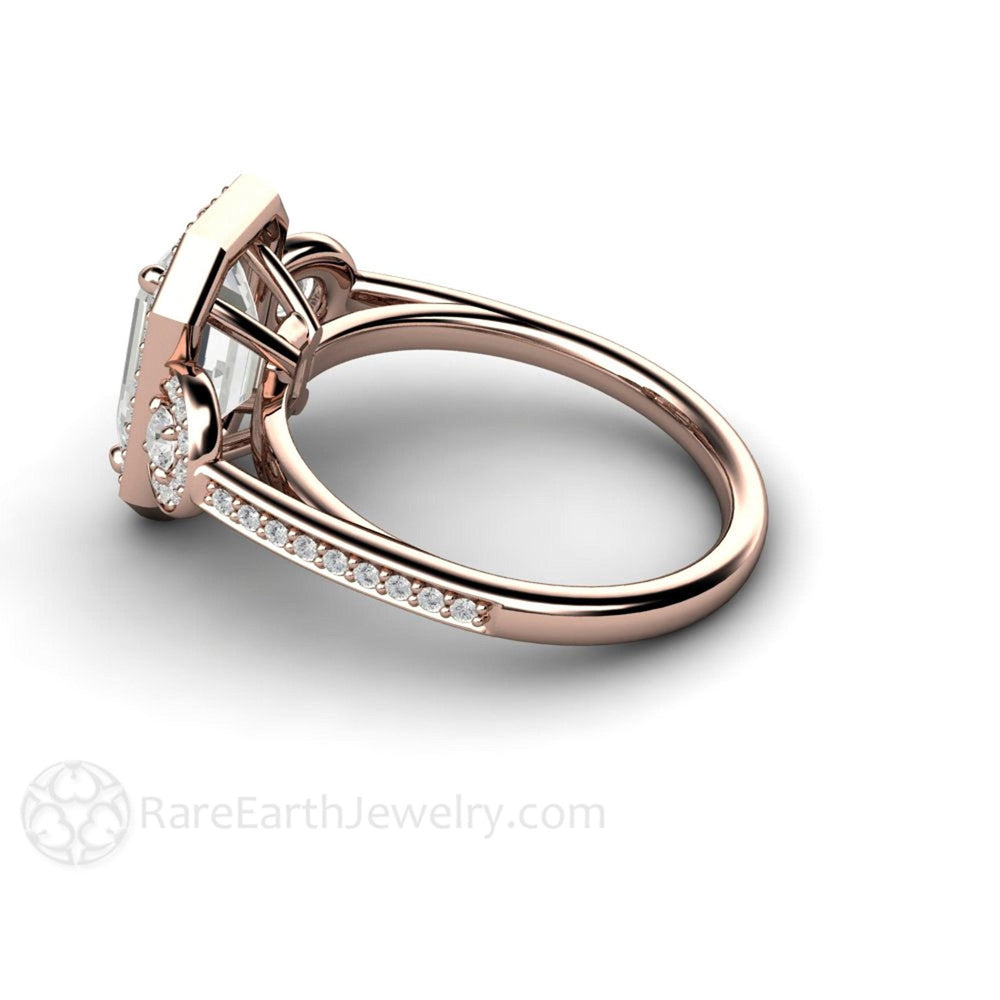 Emerald Cut Moissanite Engagement Ring | 3 Stone Diamond Halo, Rare Earth Jewelry