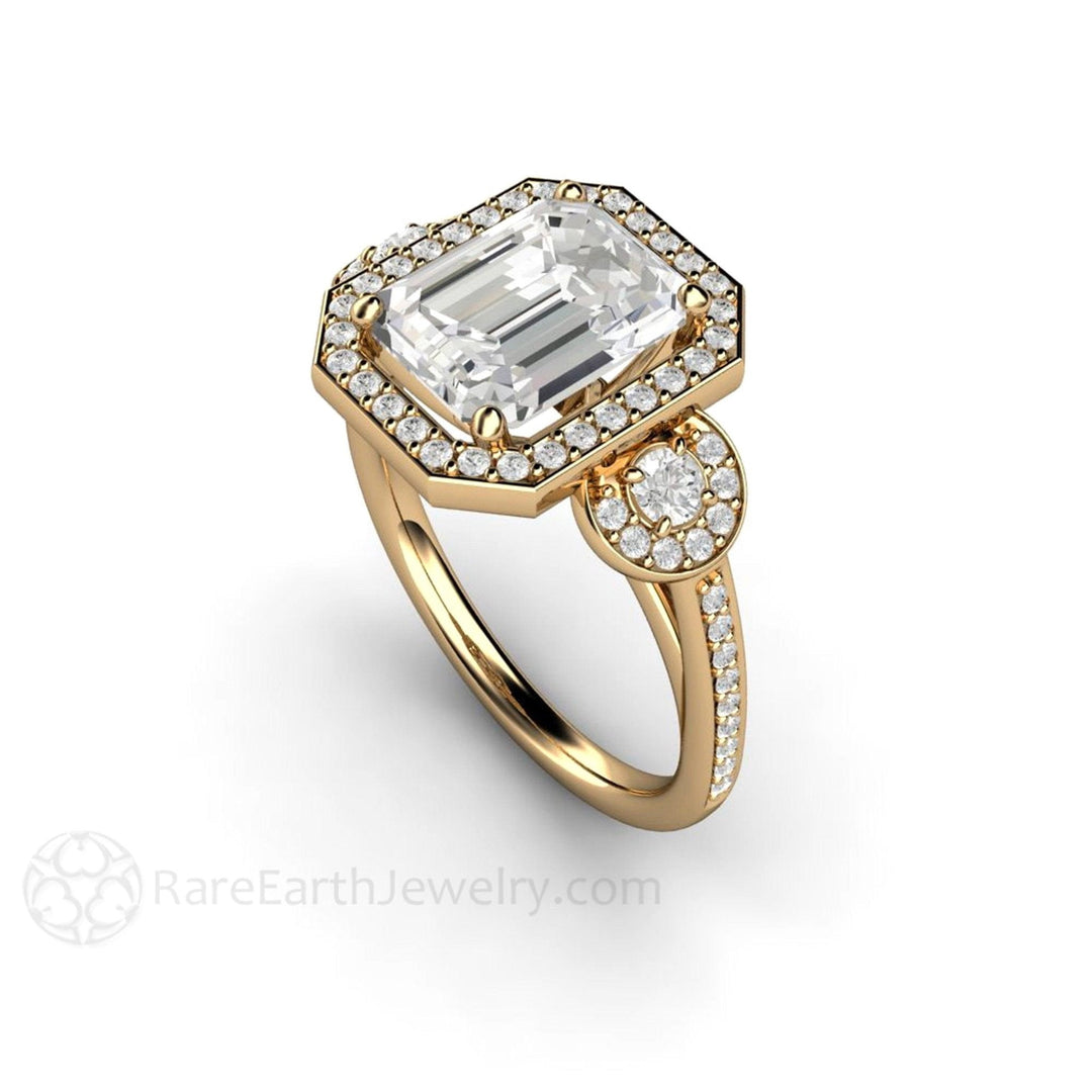 Emerald Cut Moissanite Engagement Ring | 3 Stone Diamond Halo, Rare Earth Jewelry