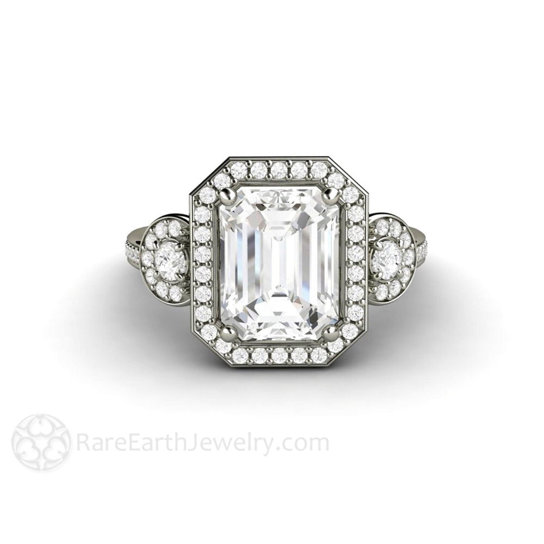 Emerald Cut Moissanite Engagement Ring | 3 Stone Diamond Halo, Rare Earth Jewelry