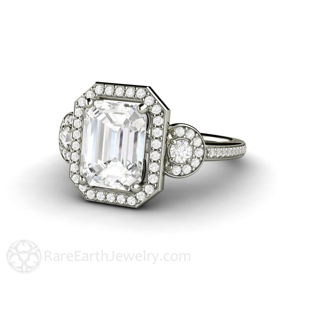 Emerald Cut Moissanite Engagement Ring | 3 Stone Diamond Halo, Rare Earth Jewelry