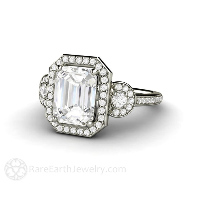 Emerald Cut Moissanite Engagement Ring | 3 Stone Diamond Halo, Rare Earth Jewelry