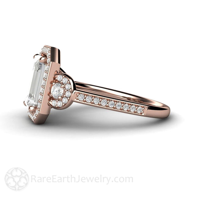 Emerald Cut Moissanite Engagement Ring | 3 Stone Diamond Halo, Rare Earth Jewelry