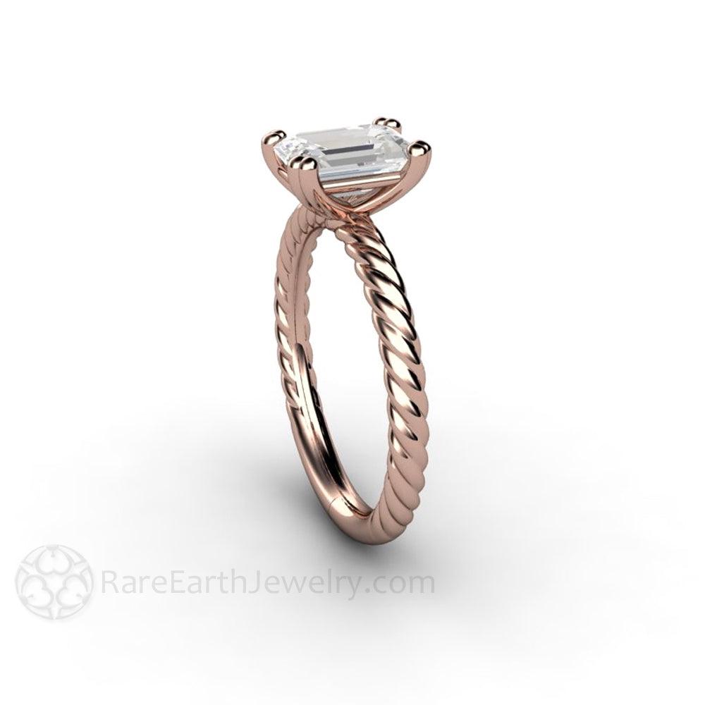 Emerald Cut Moissanite Engagement Ring | Twisted Rope Band Solitaire, Rare Earth Jewelry