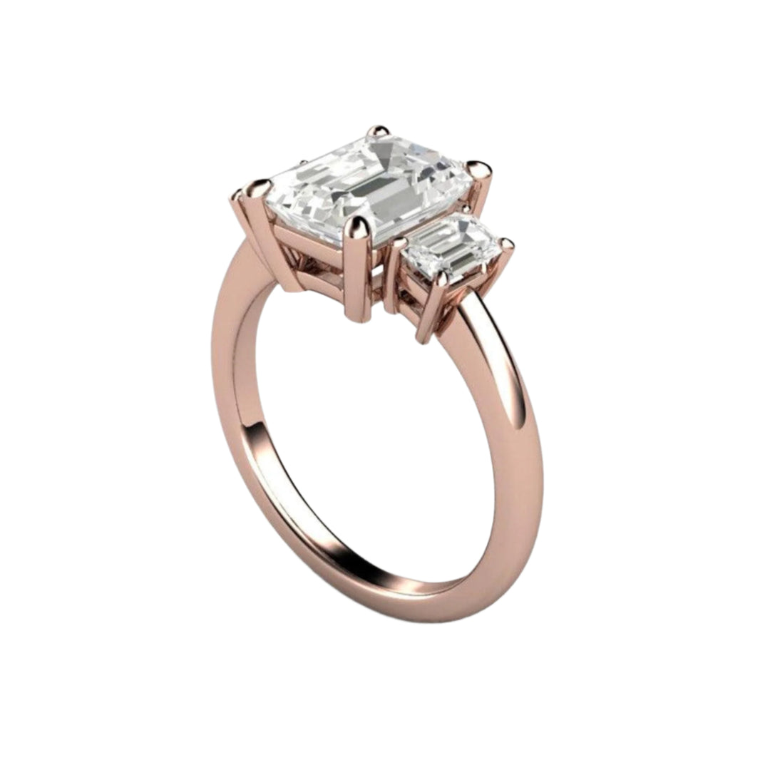 3 Stone Moissanite Emerald Cut Engagement Ring in Rose Gold, Affordable Lab Grown Diamond Alternatives | Rare Earth Jewelry