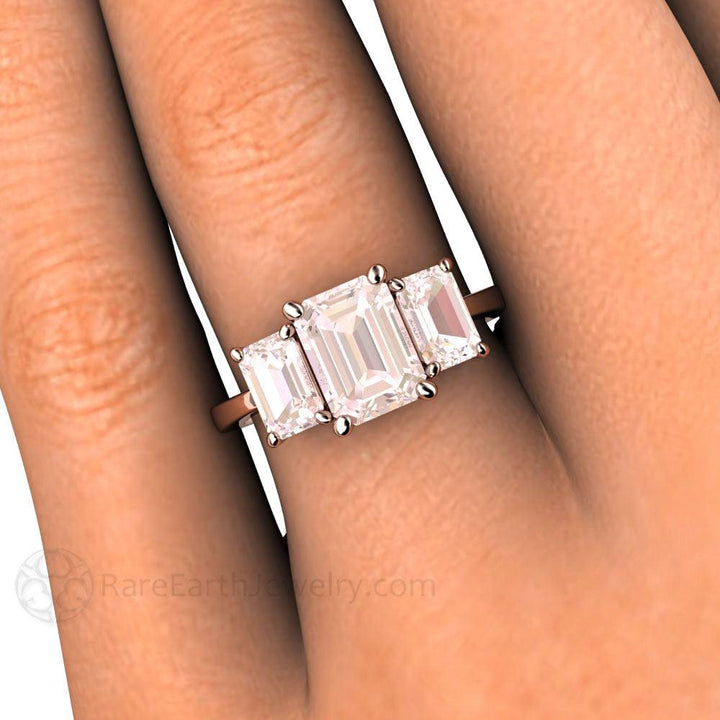 Emerald Cut Morganite Engagement Ring | Three Stone Morganite Ring, Rare Earth Jewelry