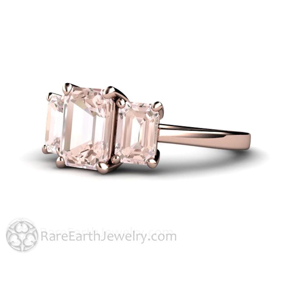 Emerald Cut Morganite Engagement Ring | Three Stone Morganite Ring, Rare Earth Jewelry