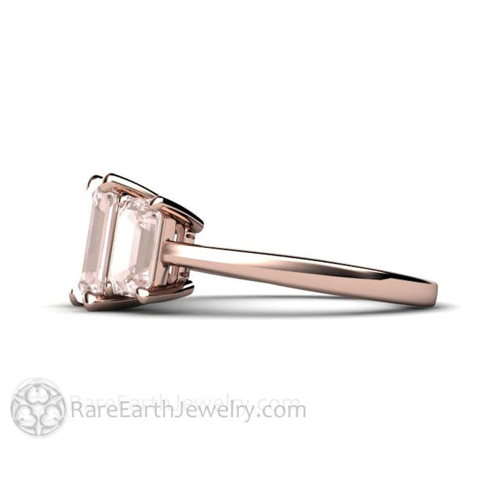 Emerald Cut Morganite Engagement Ring | Three Stone Morganite Ring, Rare Earth Jewelry